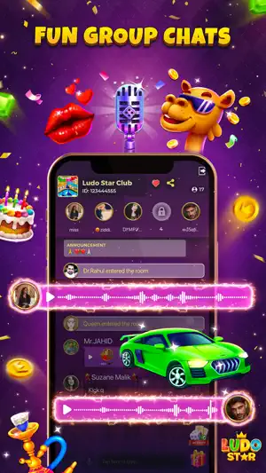 Ludo Star Club group chat with voice-note waveforms, a join announcement and animated car and camel gifts