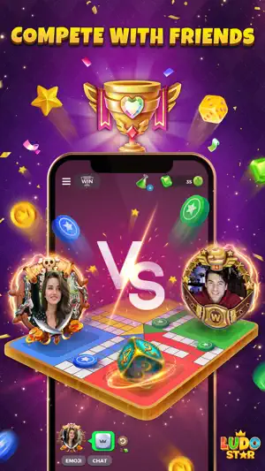 Head-to-head match screen with two framed player avatars, a VS banner and a trophy above the board