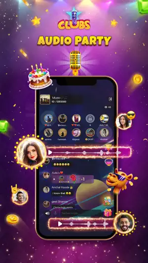 Clubs Audio Party room with speaker seats along the top, voice messages and a gift panel