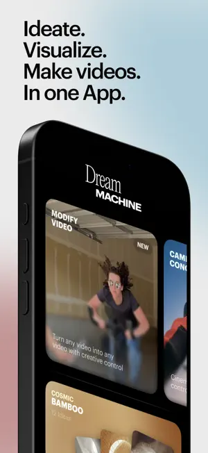 App Store card headed Ideate, Visualize, Make videos, with a phone showing a Modify Video tile marked New above a Cosmic Bamboo board