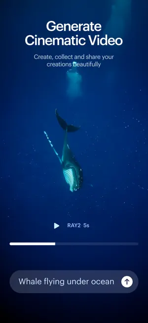 Underwater scene of a humpback whale with a prompt bar reading Whale flying under ocean and a RAY2 5s playback label