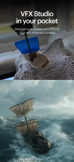 VFX Studio promo with a blue and cream object on a knitted blanket above a rendered sailing ship in rough seas