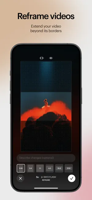 Reframe screen with a glowing figure on a rock and aspect ratio buttons 9:16, 3:4, 1:1, 4:3, 16:9 and 21:9 above a RAY2 FLASH label