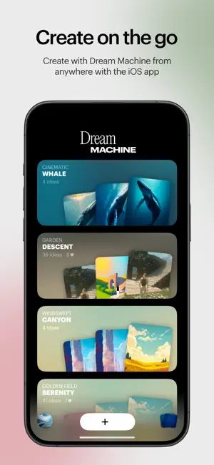 Boards list with stacked cards titled Cinematic Whale, Garden Descent and Windswept Canyon and a plus button at the bottom