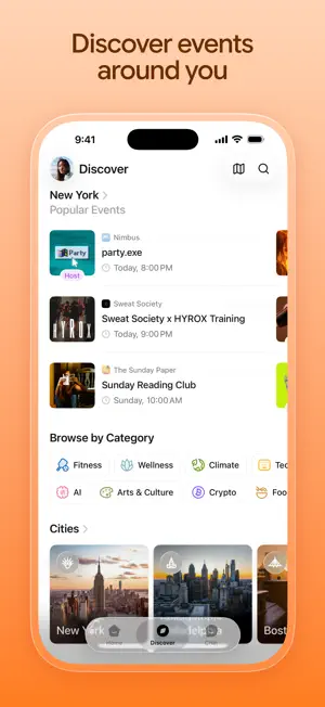 Discover tab for New York listing popular events, category chips for Fitness, Wellness, Climate, AI and Crypto, and a row of city cards