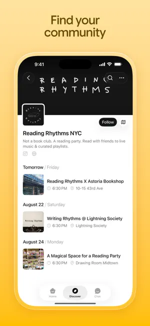 Calendar page of Reading Rhythms NYC with a Follow button and three upcoming reading parties in August