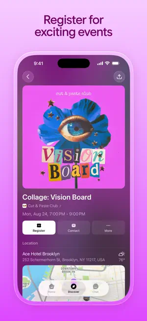 Event page for Collage: Vision Board at Ace Hotel Brooklyn with Register, Contact and More buttons above a map
