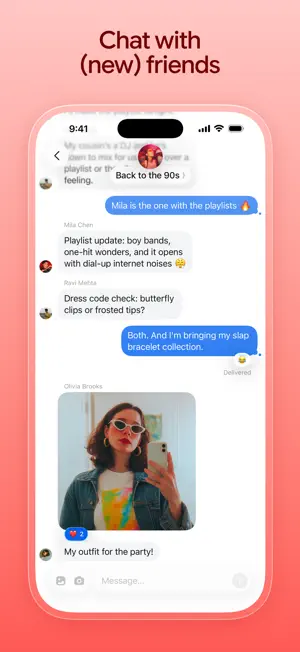 Group chat for a Back to the 90s party with messages about playlists and a dress code and a shared outfit photo