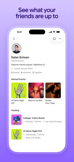 Host profile showing 2 hosted, 4 attended and 3 together counts, mutual events and two upcoming hosted events