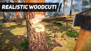 An axe biting a notch into a pine trunk in a sunlit forest, captioned realistic woodcut