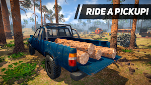 A blue pickup with logs loaded in its bed on a forest track, captioned ride a pickup