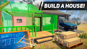 A house frame under construction from a blueprint with a pickup outside, captioned build a house