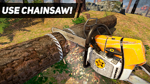 A chainsaw cutting through a felled log, captioned use chainsaw