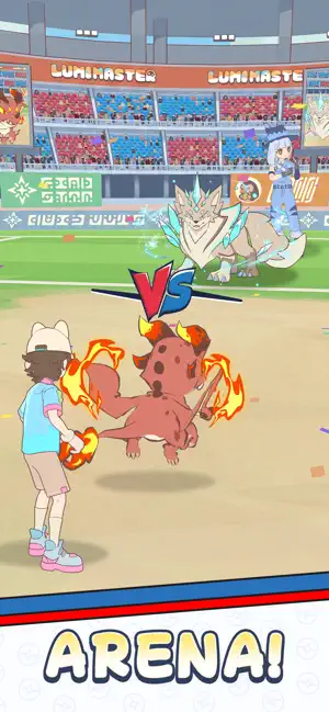 A trainer and a fire Lumi facing off in a stadium — Arena!