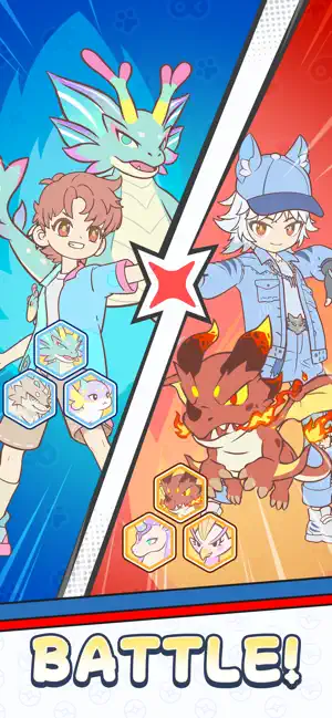 Two trainers with their Lumis in a versus pose — Battle!