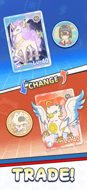 Two Lumi cards being swapped with a Change arrow — Trade!