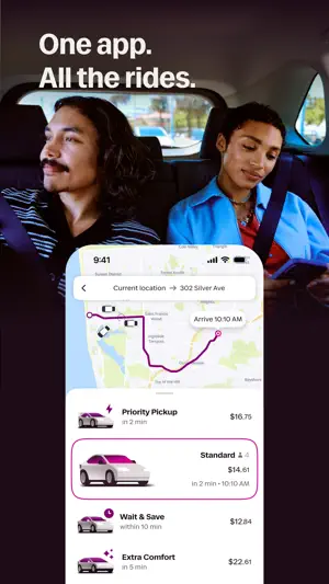 Lyft ride list for a trip from the current location to 302 Silver Ave, with Priority Pickup, Standard, Wait & Save and Extra Comfort fares and pickup times