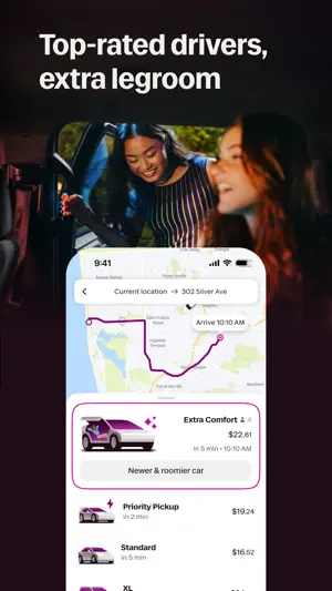 Extra Comfort selected and labeled as a newer, roomier car, above Priority Pickup, Standard and XL options under the route map