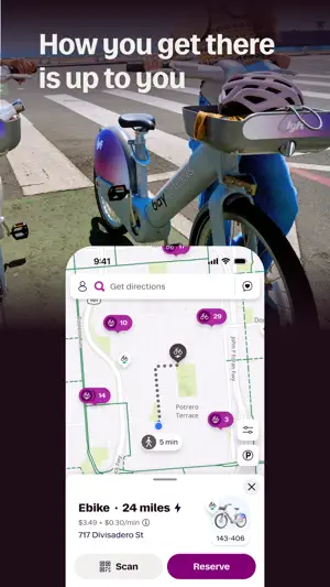 San Francisco bike map with dock counts and an Ebike card showing 24 miles of range, $3.49 plus $0.30 per minute, and Scan and Reserve buttons