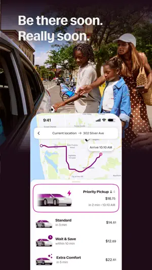 Priority Pickup highlighted at the top of the ride list with a pickup in 2 minutes, ahead of Standard, Wait & Save and Extra Comfort