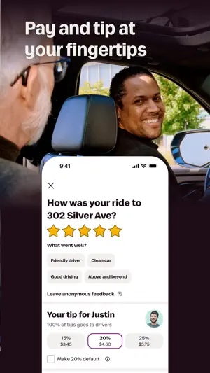 Post-ride screen with a five-star rating, feedback chips such as Friendly driver and Clean car, and 15%, 20% and 25% tip buttons
