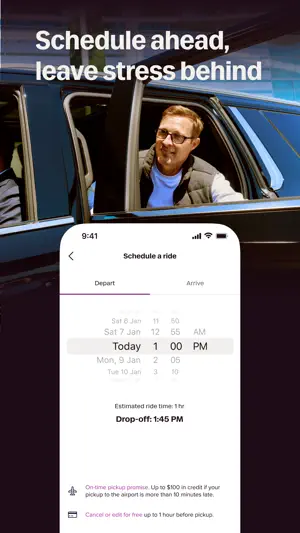 Schedule a ride screen with a date and time picker, a 1:45 PM drop-off estimate, the on-time pickup promise and free cancellation up to 1 hour before