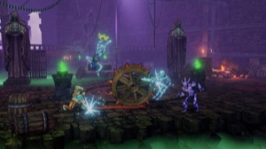 Two heroes fighting glowing skeleton knights in a green-lit stone hall with a cart
