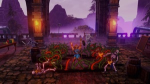 A brawl in a purple-lit courtyard with vines and a pagoda gate