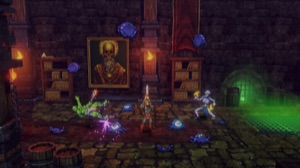 Fighting skeletons in a torchlit chamber beneath a golden portrait of the king