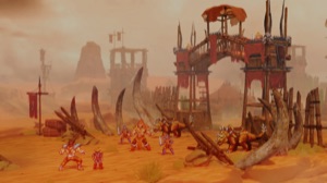 A sandstone fort under an orange sky with a warband gathered before it