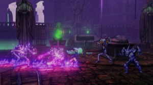 A purple-lit clash of magic and blades in a ruined hall
