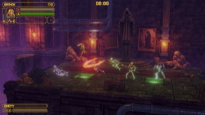 A hero facing enemies in a dim stone corridor with a health bar and timer