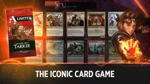 Draft pick screen reading Pack 1 | Pick 1 with Khans of Tarkir cards such as Raiders' Spoils and Ride Down, beside a Limited booster and Chandra raising a fiery hand, captioned The iconic card game
