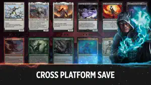 Collection grid with Monastery Mentor, Lyra Dawnbringer and Urabrask cards next to a hooded Jace casting blue light, under the caption Cross platform save