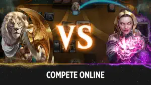 Ajani and Liliana face off over a game board with a large VS splash and a life counter at 20, captioned Compete online