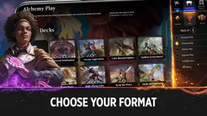 Find Match menu with Ranked, Play and Brawl tabs and a Best of 1 list of Standard, Alchemy, Historic, Explorer and Timeless Play plus Bot Match, beside Alchemy starter decks