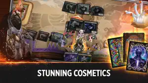 Battlefield with sticker emotes, a life total of 18, a goose companion and three decorated card sleeves, captioned Stunning cosmetics
