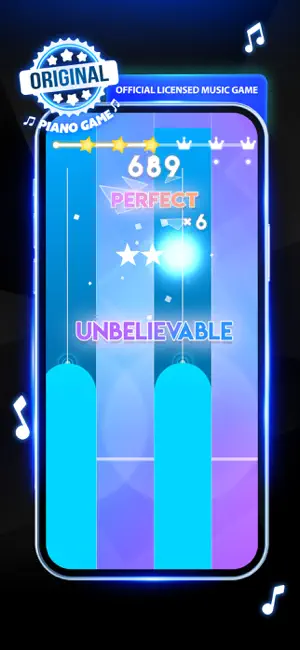 Gameplay with two cyan tiles in a four-lane chart, a PERFECT x6 combo, an UNBELIEVABLE banner and score 689 under a star-and-crown progress bar