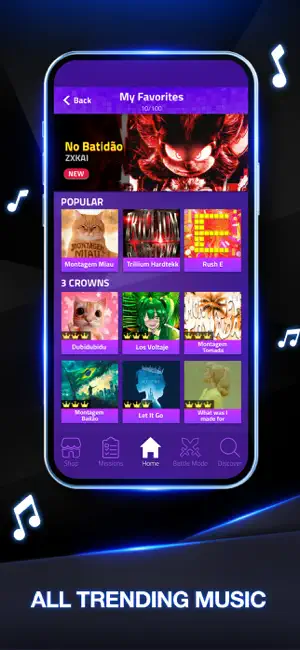 My Favorites song list with No Batidão by ZXKAI featured above Popular and 3 Crowns rows, and Shop, Missions, Home, Battle Mode and Discover tabs