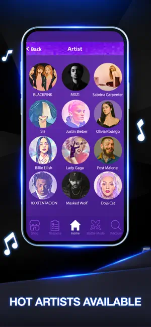 Artist grid showing BLACKPINK, Sabrina Carpenter, Sia, Justin Bieber, Olivia Rodrigo, Billie Eilish, Lady Gaga, Post Malone and Doja Cat