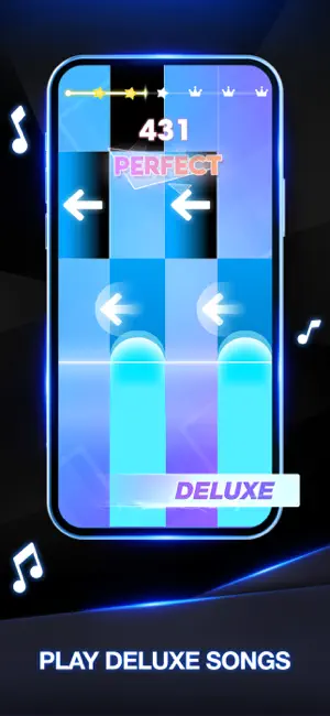 Deluxe song with left-arrow tiles in blue lanes, a DELUXE label, score 431 and a PERFECT rating