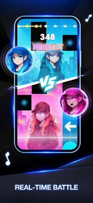 Battle Mode split screen with two anime-style avatars facing off across the lanes under a VS badge at score 348