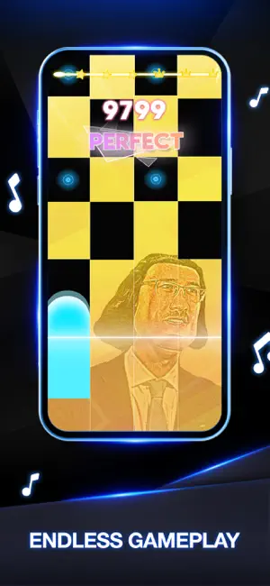 Endless run on gold and black tiles over a portrait background, with the score at 9799