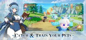 A blue-haired mage beside a meadow scene with a fluffy white pet, captioned catch and train your pets