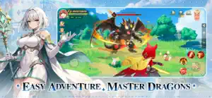 A white-haired character beside a fight with a red dragon, captioned easy adventure, master dragons