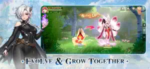 A silver-haired warrior beside a pet evolving into a nine-tailed fox, captioned evolve and grow together
