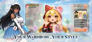 A dark-skinned character beside a wardrobe screen with a pink-haired outfit preview, captioned your wardrobe, your style