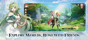 A green-haired character beside a forest scene with a party of players, captioned explore worlds, bond with friends