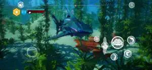 A bull shark cruising a green bayou with bass and a boat above