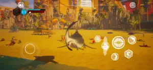 A shark leaping onto a crowded beach beside striped umbrellas